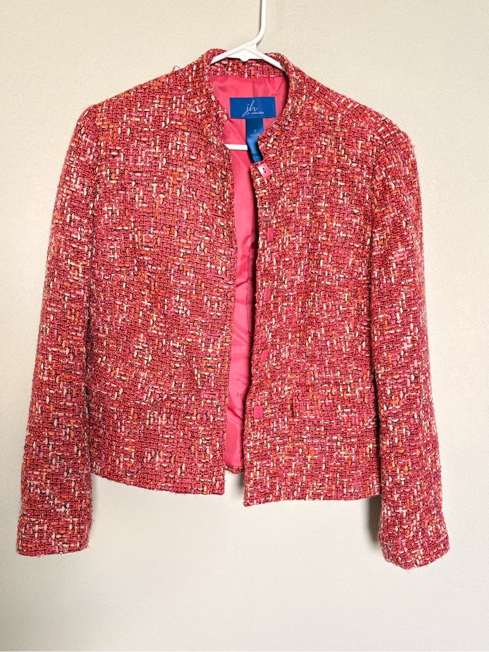 Textured Pink Tweed Jacket - Women's Collarless Blazer size M